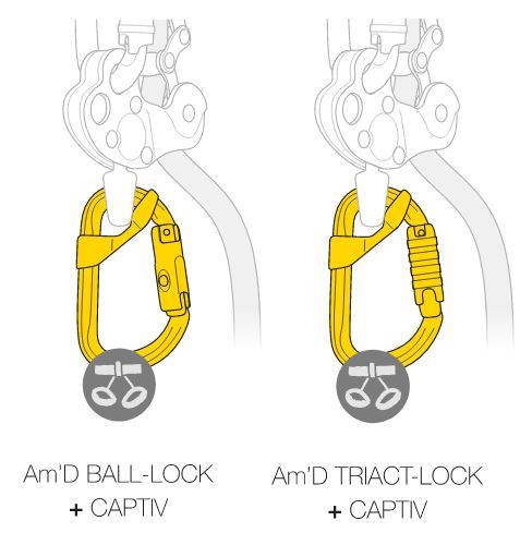 Для крепления к обвязке используйте карабин AmD TRIACT-LOCK или BALL-LOCK